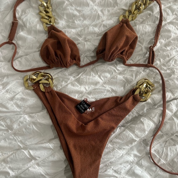 SAME by Shea Marie GOLD CHAIN TRIANGLE TOP & BRIEF (FAUX SUEDE BURNT SIENNA) - Picture 6 of 6